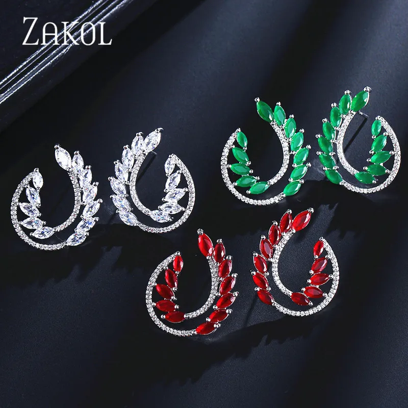 Модные синие серьги-гвоздики с фианитами и кристаллами ZAKOL для женщин, модные свадебные украшения в виде листьев FSEP2149