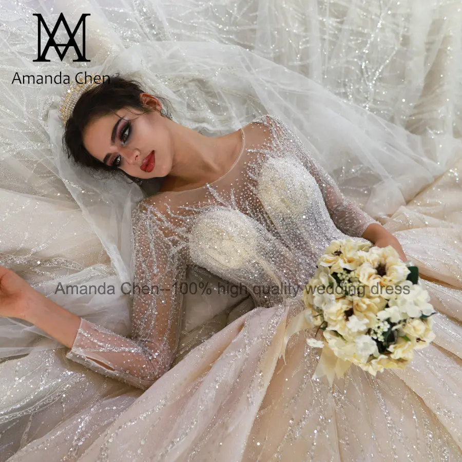 Высококачественное свадебное платье с длинным рукавом и блестящими бусинами со