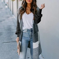 2021 patchwork long cardigan female sweaters street clothes women winter coat knitwear pockets slim bohemian holiday cardigans