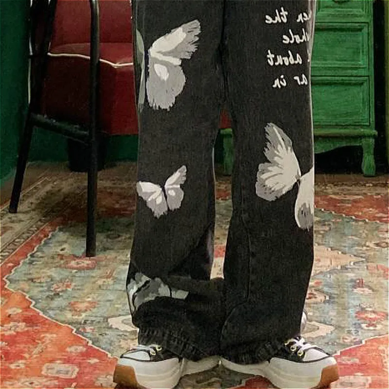 

Jeans Women Baggy Denim Couple Streetwear Chic Popular High Waisted Butterfly Pattern Pockets Full Length Straight Trouser Daily