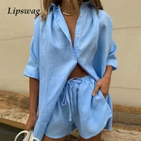 fashion solid shirt home suits casual short sleeve tops drawstring shorts two piece set 2021 summer women button loose outfit