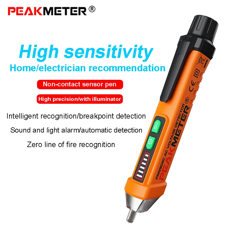 

Official PEAKMETER PM8908C Non-contact AC Voltage Detector Tester Meter 12V-1000V Pen Type Voltage Detector NCV Test Pen