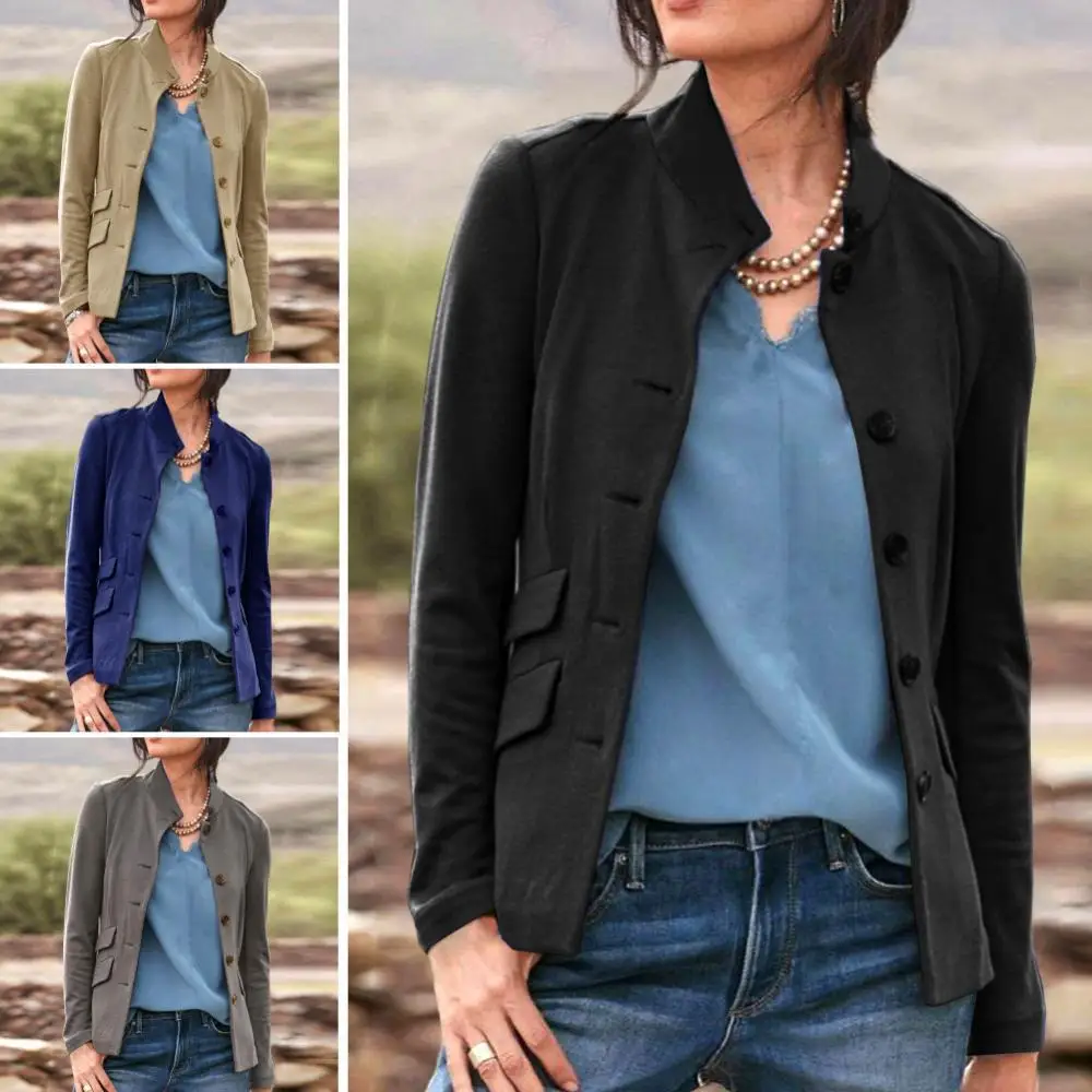 

Женский винтажный Блейзер на пуговицах, повседневный однотонный блейзер с воротником-стойкой и карманами, 20201