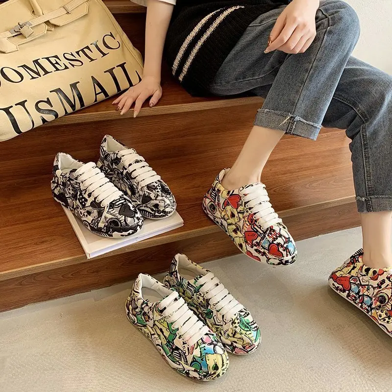 

2021 spring women's shoes camouflage round toe breathable flat heel casual low-top mid-heel casual shoes