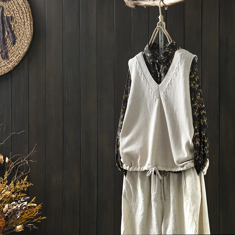 

Hem drawstring cotton vest vest knit women's spring new simple casual V-neck sleeveless waistcoat western style