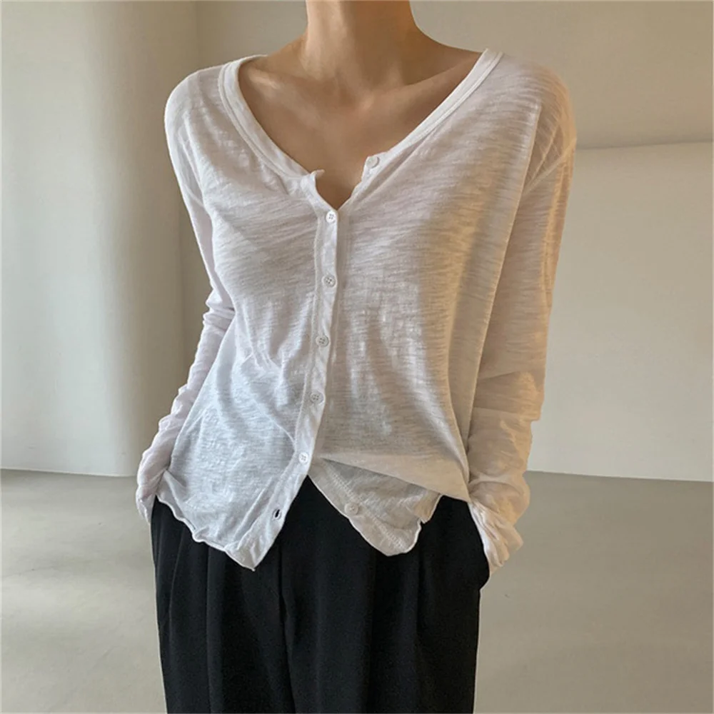 

HziriP 2021 солнцезащитные однотонные футболки кардиганы свободные офисные женские хлопковые универсальные шикарные тонкие повседневные женс...