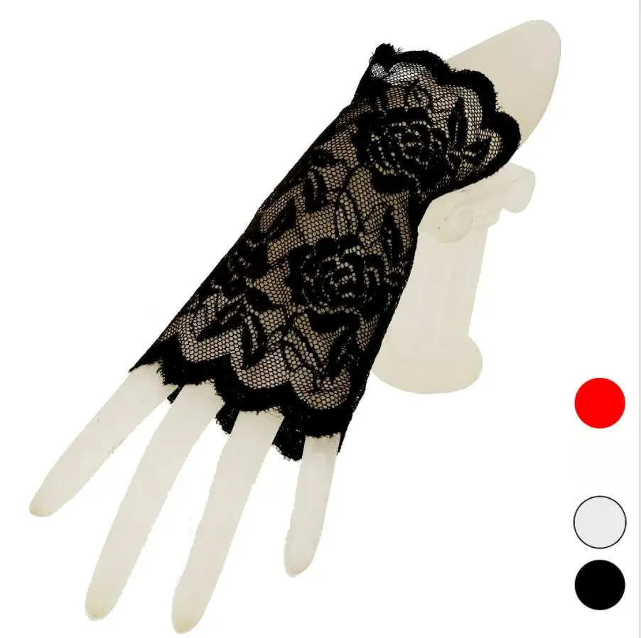 

Симпатичные новые женские кружевные белые черные красные короткие перчатки без пальцев длиной до запястья однотонные Свадебные перчатки
