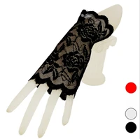 cute new womens lace white black red short gloves fingerless wrist length solid color bridal wedding gloves