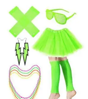 green Костюмы для косплея 80 s, набор костюмов включает в себя ажурные перчатки пачка юбка гетры неоновые серьги и вечерние аксессуары для 80s - Цвет: green
