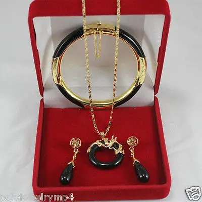 DYY Jewelry black Jade Necklace Earing Bracelet Pendant set&gt&gt18K gold plated watch wholesale Quartz stone CZ crystal XR45 HT11 |