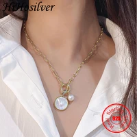 hihosilver real 925 sterling silver round gold color buckle chain natural shell baroque pearl pendant necklace for women hh21040