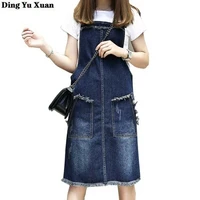 spring summer casual high waist suspender skirt big size women straight overalls long denim jeans skirts knee length womens