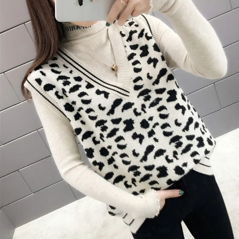 Vangull Леопардовый пуловер вязаный жилет Женский Повседневный винтажный свитер в