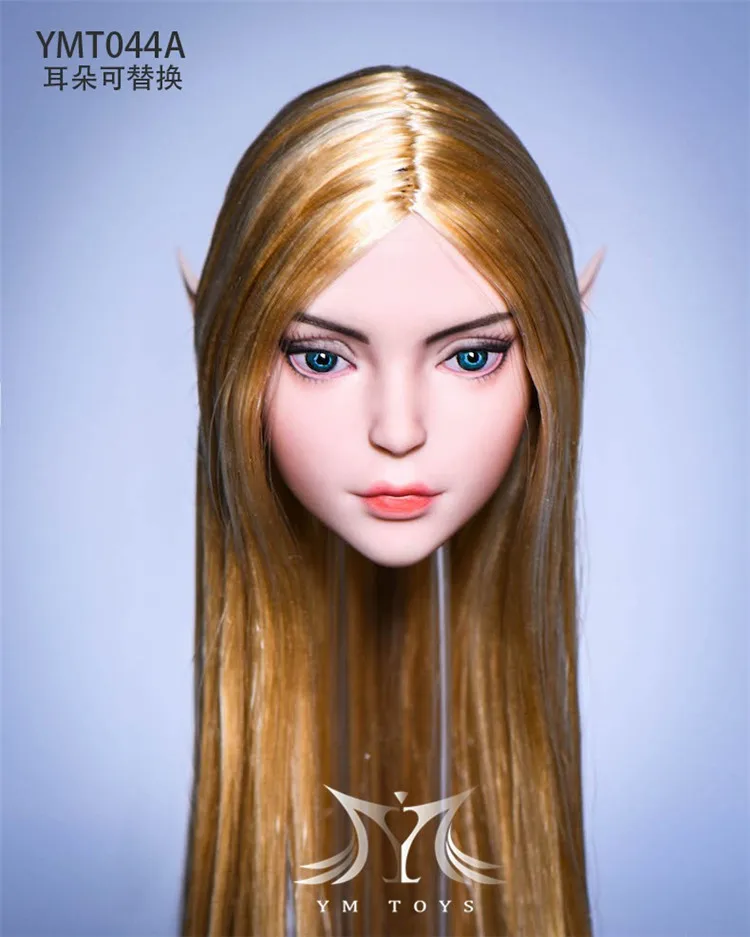 YMT044 1/6 красивая девушка-эльф голова со съемными ушками черные прямые волосы для 12