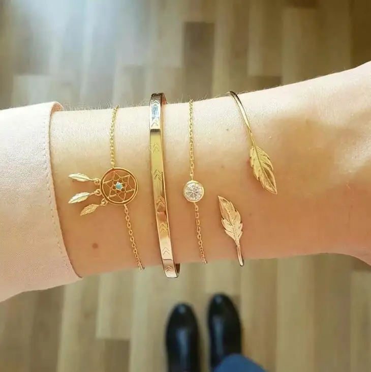 Dreamcatcher DIEZI, Ретро стиль, завязанные узлом кактус, треугольник, перо, очаровательные браслеты для женщин, Винтаж, золотой цвет, браслеты на цепочке, браслеты, ювелирное изделие - Окраска металла: Dreamcatcher