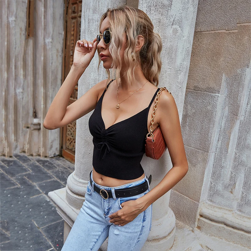 

2021 New Summer Lace Up Tank Top Women Sexy Short Solid Sleeveless Slim Ladis Bottom Backless Strap Tops Female Casual