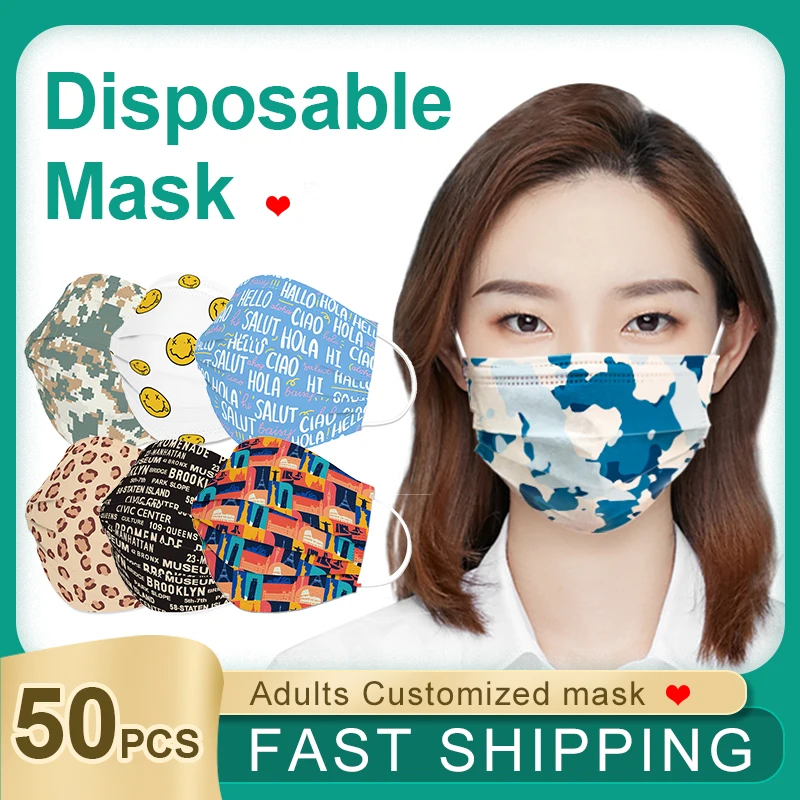 50 шт одноразовые нетканые маски для лица с модным принтом 3 Слои по