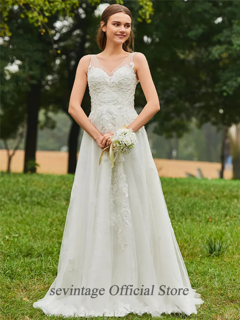 Sevintage Пляжное длинное свадебное платье robe mariage femme 2020 v образный вырез на бретелях