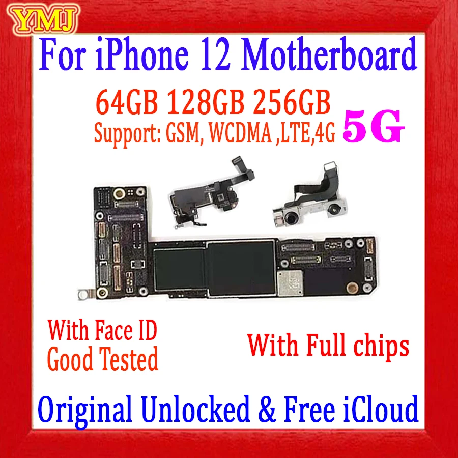 

No icloud For iPhone 12 Motherboard 64GB/128GB/256GB Original Unlock With/NO Face ID Full Tested Logic Board Support IOS Update
