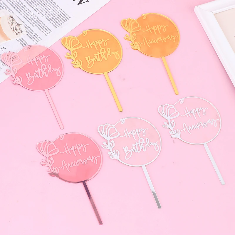 1PC New Creativite Happy Birthday Acrylic Cake Toppers Gold Rose Birthday Cupcake Topper for Baby Birthday Party Cake Decoration