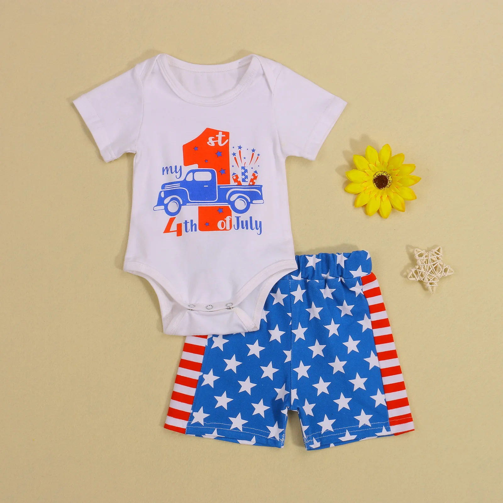 

Summer Boy Romper Shorts Suit Car Star Striped Printed Short Sleeve Round Collar Tops Pants