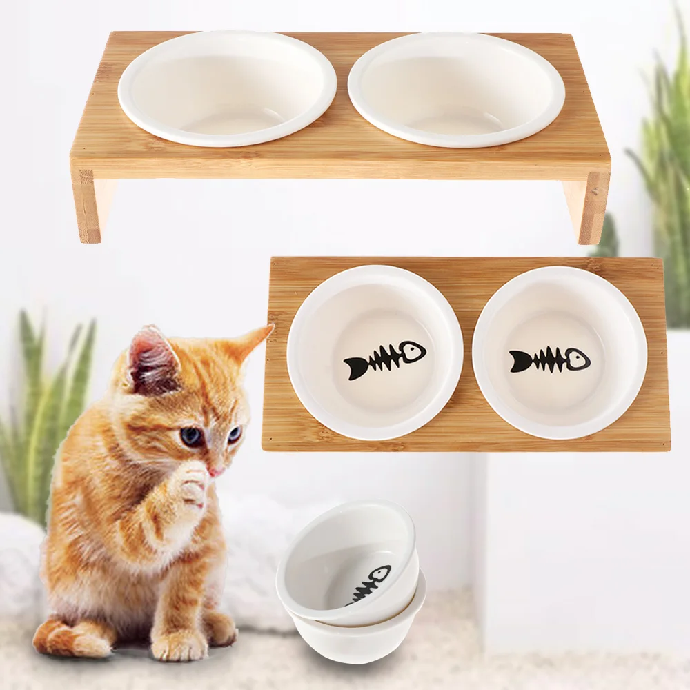 1/2 бамбук миски для домашних животных кошка собака миска-кормушка Керамика ПЭТ Еда посуда миска для воды и бамбуковым корпусом с нескользящей подошвой с рисунком собачки и котика для кормления