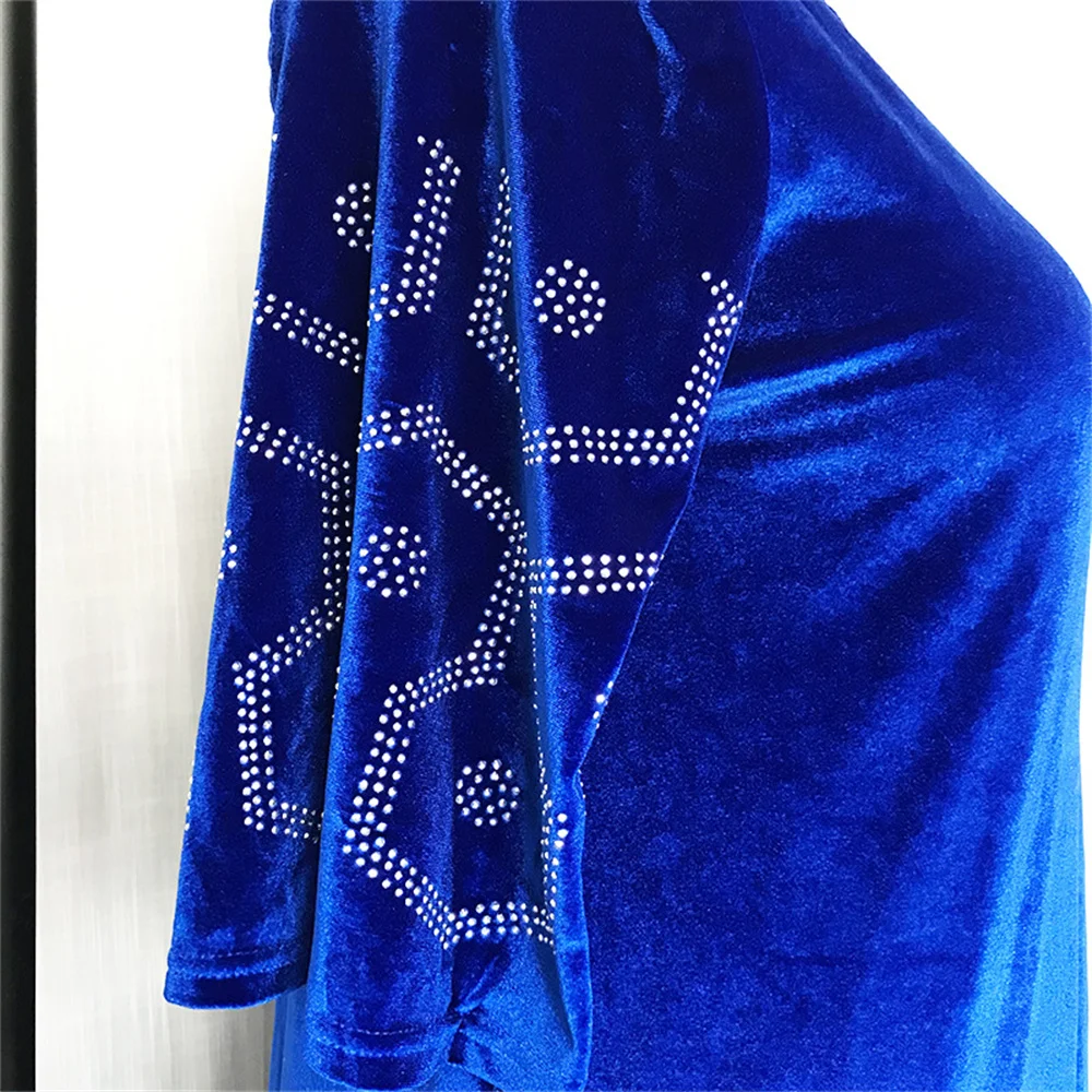 

Plus Size 3XL African Women Long Dress Vintage Blue Geometric Diamonds A-Line Summer Robe Oversized Velvet Maxi Women's Dresses
