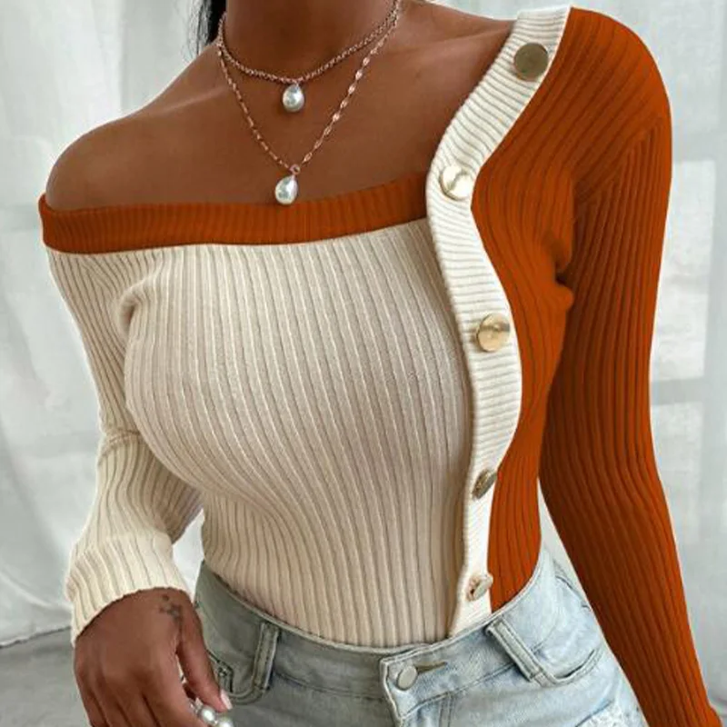 

Sweater Panelled Patchwork Knitted Cardigan Women Long sleeve Slim Sexy Skew-collar Button Cardigans For Women 2020 Winter Top