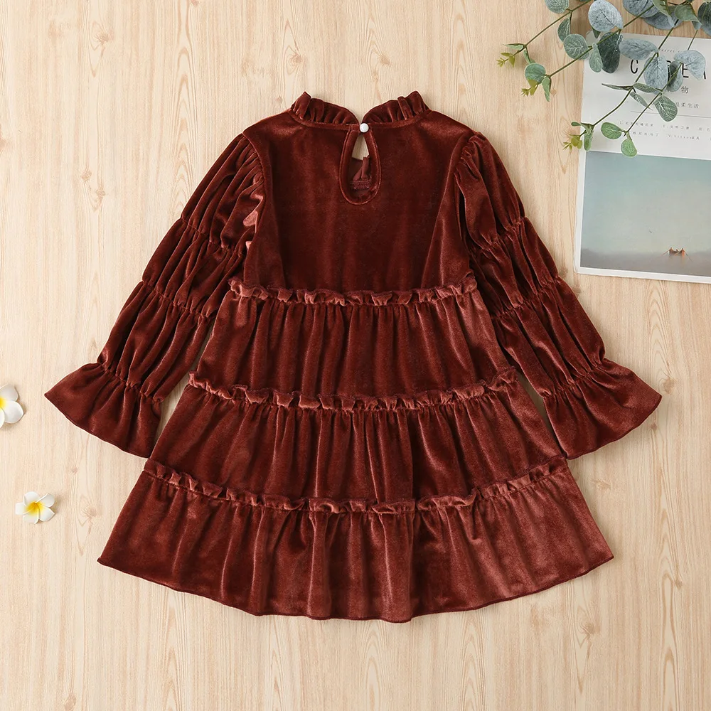 Autumn Winter 2022 New Girls Dress Long Sleeve Velvet Turtleneck Wine Red Black Pleated Solid Cute Sweet Baby Vestidos 2-6T