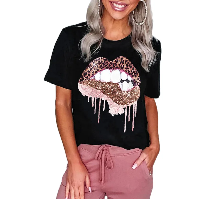

Leopard Print Lips Shirt Plus Size 2020 Harajuku Graphic Tees Women Round Neck Short Sleeves Funny Tee Aesthetic