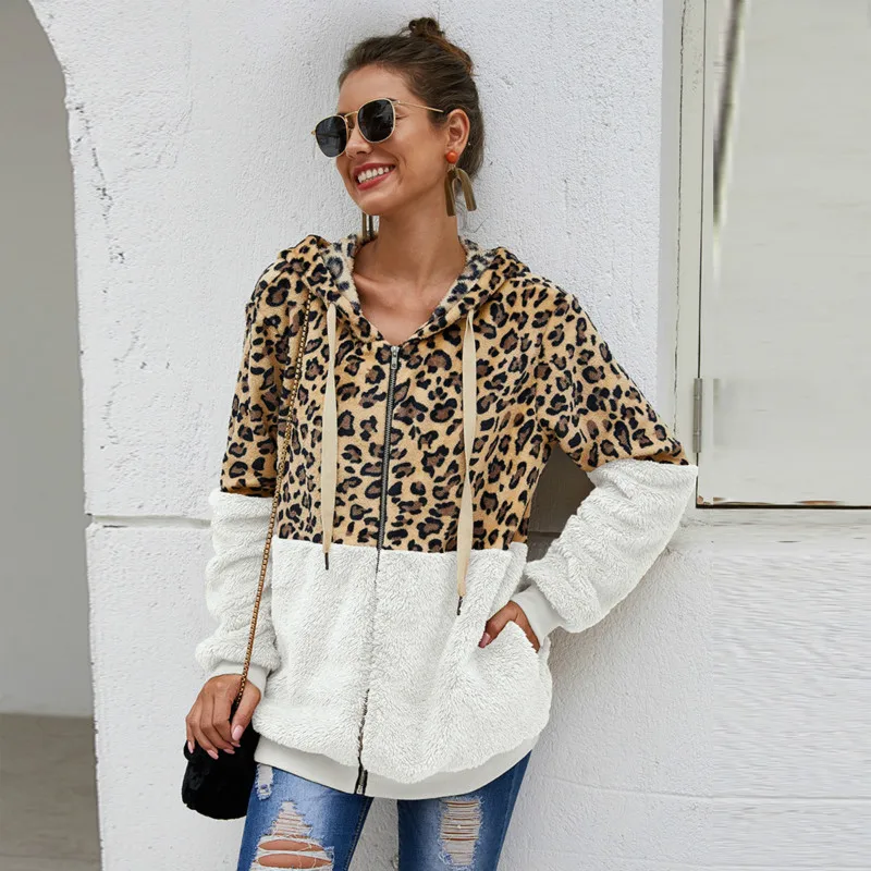 

Sweatshirt with Zipper Woman Leopard Jacket Hooded Stitching Ladies Loose Sweater Hoodies Autumn Winter Casual Cardigan Casual