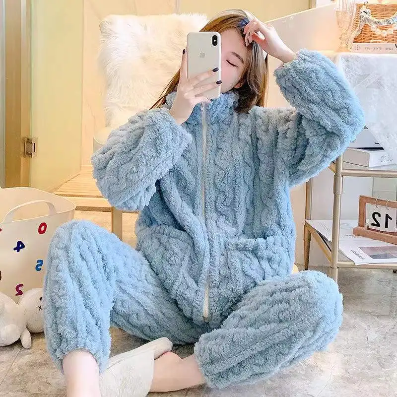 Winter Warm Flannel Women Pajamas Sets Coral Fleece 2 Pieces/Sets Long-Sleeved Trousers Sleepwear Casual Loose Homewear