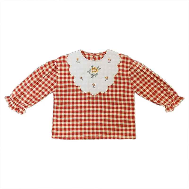 

patchwork plaid tops kids 1-6yrs autumn Korean girl embroidered doll shirt children's flower plaid long-sleeved shirt blouses