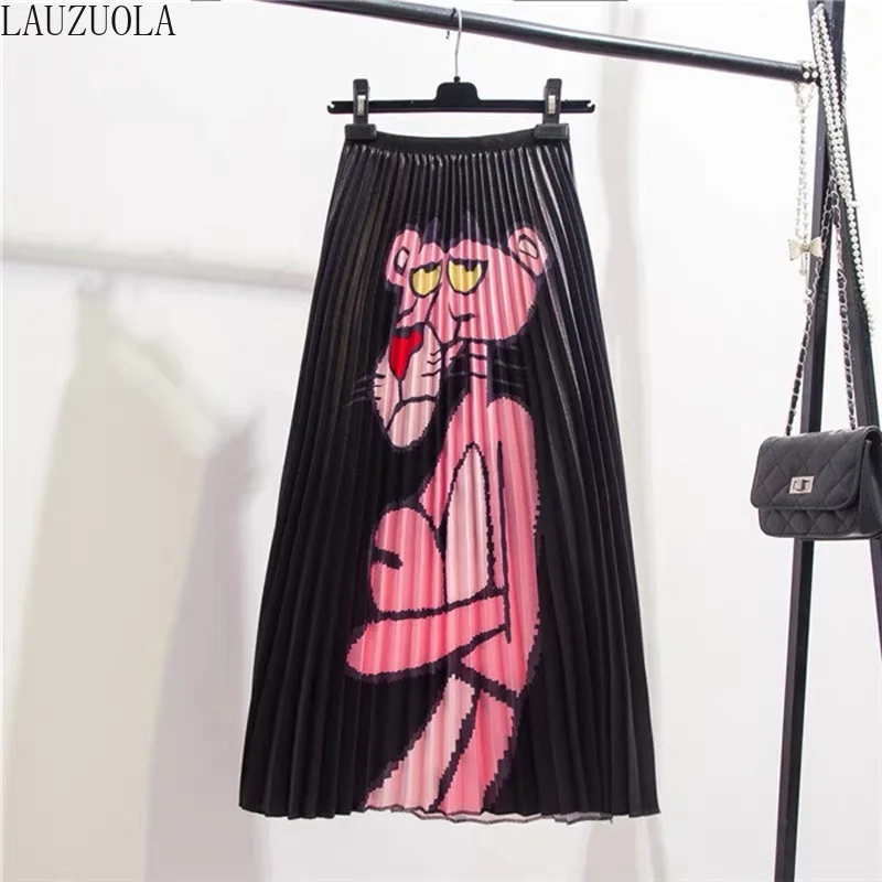 LAUZUOLA Spring Autumn Printed Cartoon Skirt Midi High Street Party Holidays High Elastic Quality Long Pleated Skirts Womens
