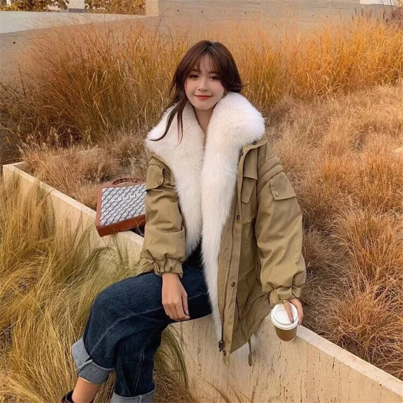 Новинка 2021 Женская парка пальто с отделкой воротника из натурального Лисьего