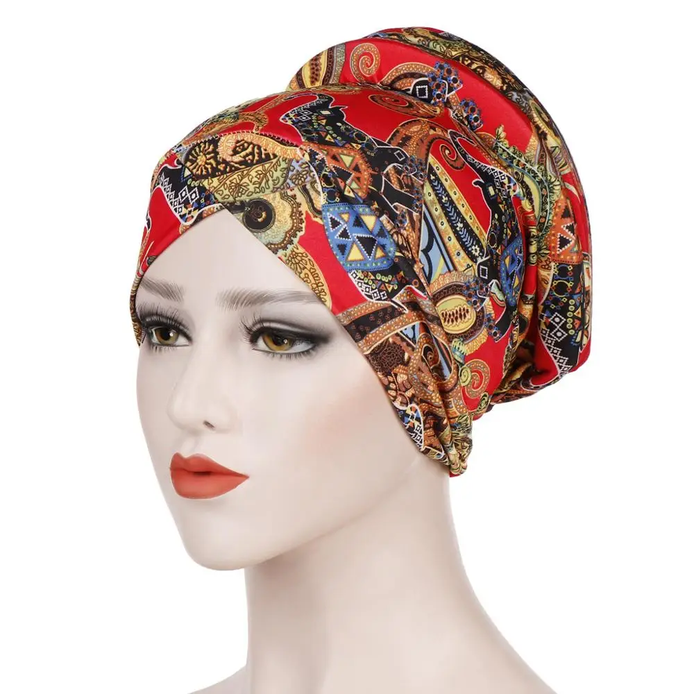 

2019 muslim print turban cap islamic headwear ethnic wrap head bonnet hijab caps islamic inner hijab caps turbante