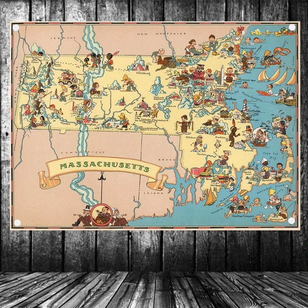 США опубликованная в 1935 карта Массачусетса ретро-карта флаг баннер гобелен