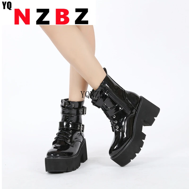 

2022 Women Short Boots Solid Black Patent Leather Lace Up Ladies Platform Shoes Fashion High Heels Side Zipper Female Footwear