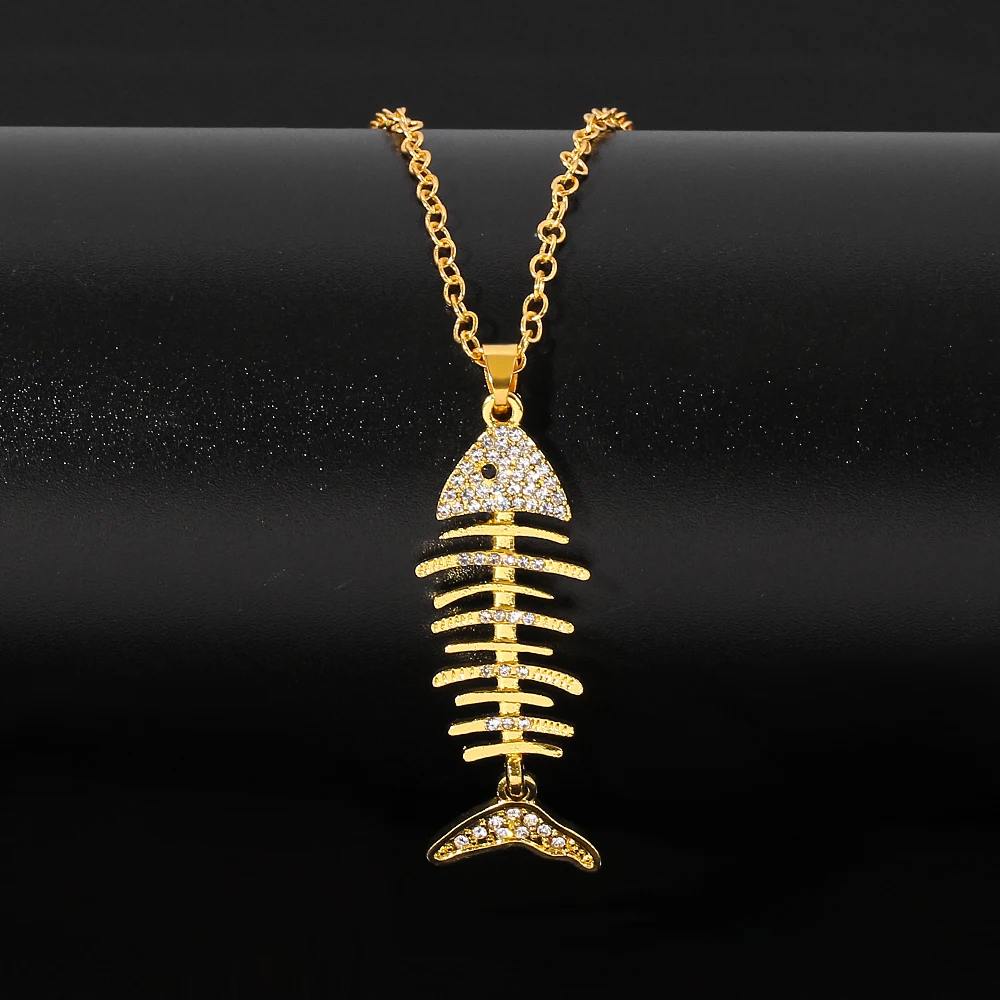 Aesthetic Fish Bone With Crystal Pendant Necklace For Women Egirl New Fashion Unique Design Rhinestones Chain Jewelry Gift