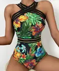 Купальник женский, цельный, с листьями и цветочным принтом, классический, с лямкой на шее, пляжная одежда, 2021