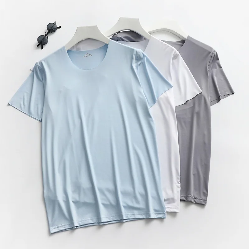 

Мужская Тонкая Однотонная футболка из ледяного шелка с короткими рукавами без лета, 2021