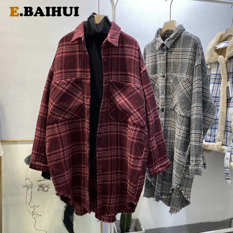 E-BAIHUI уличная Свободная рубашка в клетку Куртка женская повседневная Осенняя