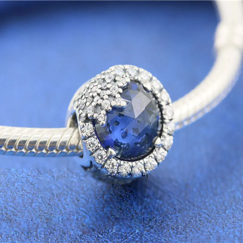 

925 Sterling Silver Dazzling Snowflake Blue & Clear Cz Charm Bead Fits All European Pandora Jewelry Bracelets Necklaces