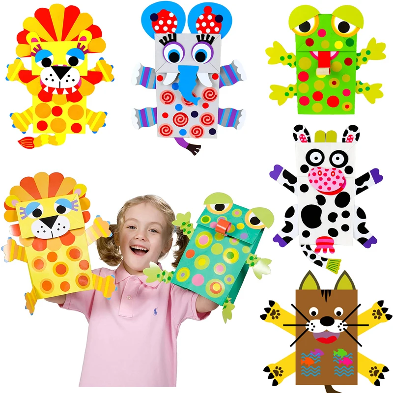Marionetas con bolsa de papel para niños, marionetas de mano de dibujos animados de animales, Multicolor, para manualidades artísticas, Kits de bricolaje, juguetes de aprendizaje temprano, regalo, 1/4 Uds.