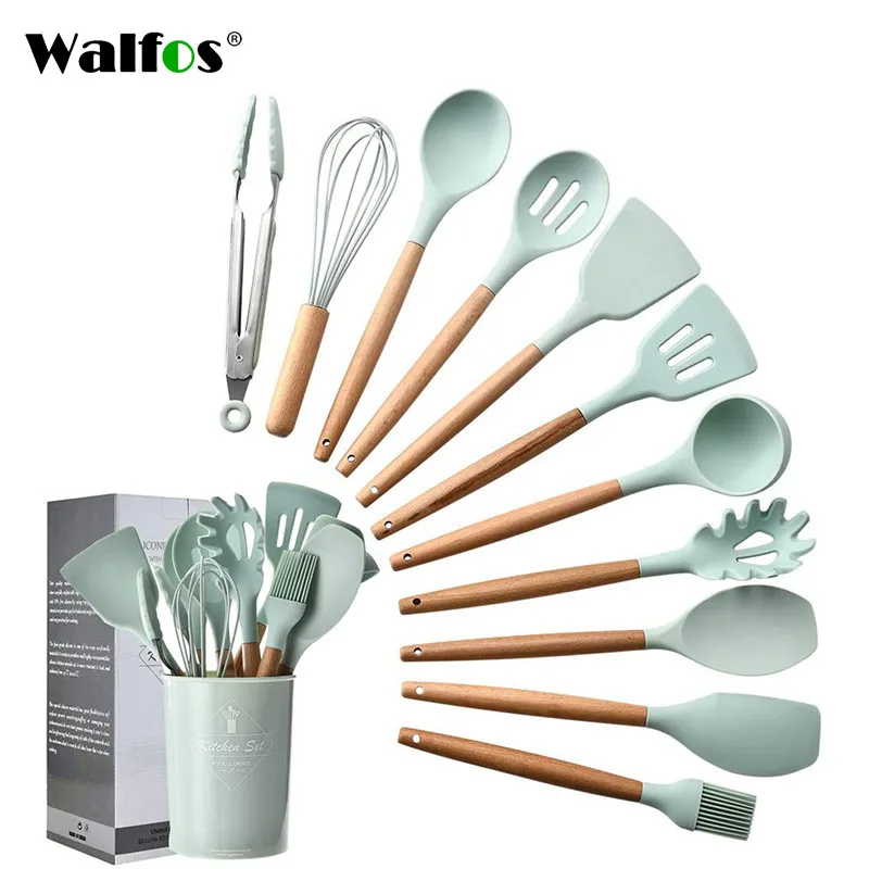 Walfos Silicone Cooking Utensils Set Non-Stick Spatula Shovel Wooden Handle Cooking Tools Set With Storage Box Kitchen Tool
