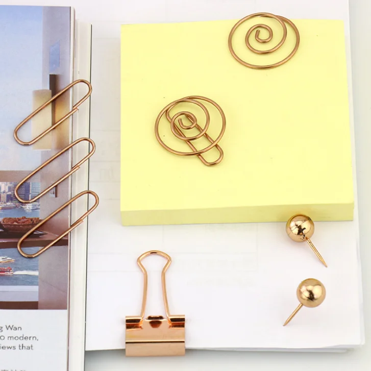 

1 Box Creative Binder Clips Push Pins Gold and Rose Gold Stationery Combination Set Pushpin Clip