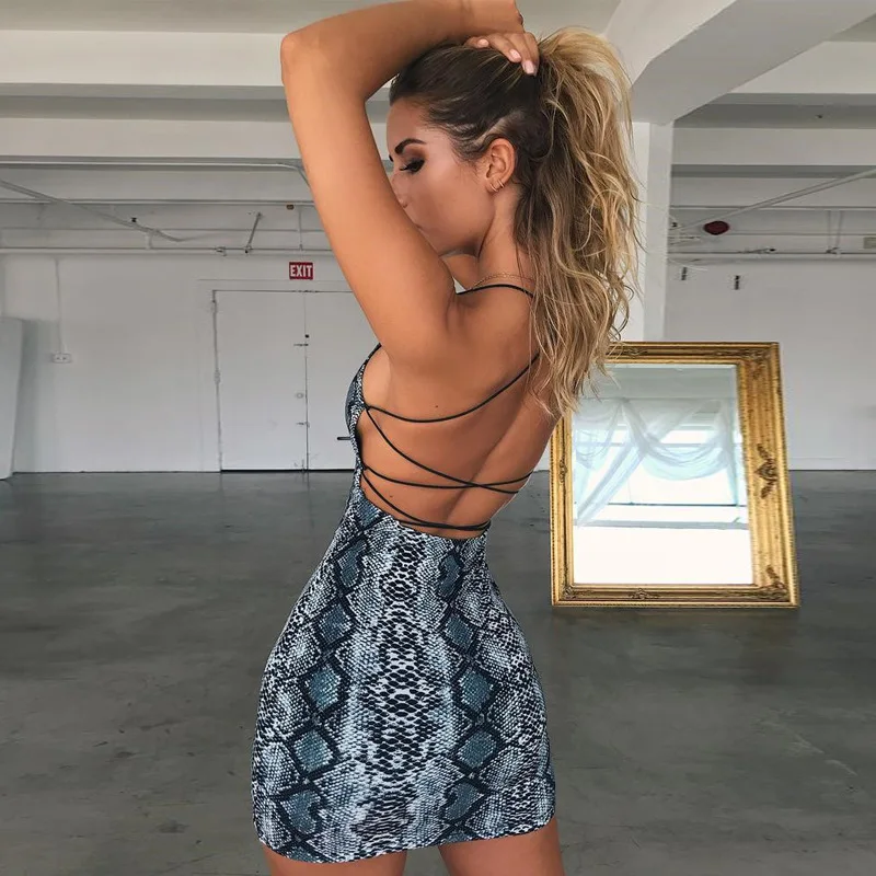 

Summer Dress Elegant Backless Mini Dress Snake Print Bandage Sexy Dress Bodycon Vestido Casual Party Club Women Dresses Evening