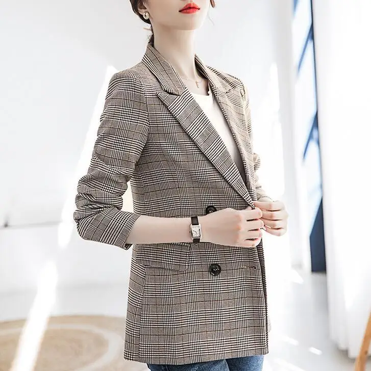 

Vintage Plaid Blazer Women Long Sleeve Suit Jacket Coat Femme Casual Double Breasted Slim Fit Outerwear Female Autumn Winter