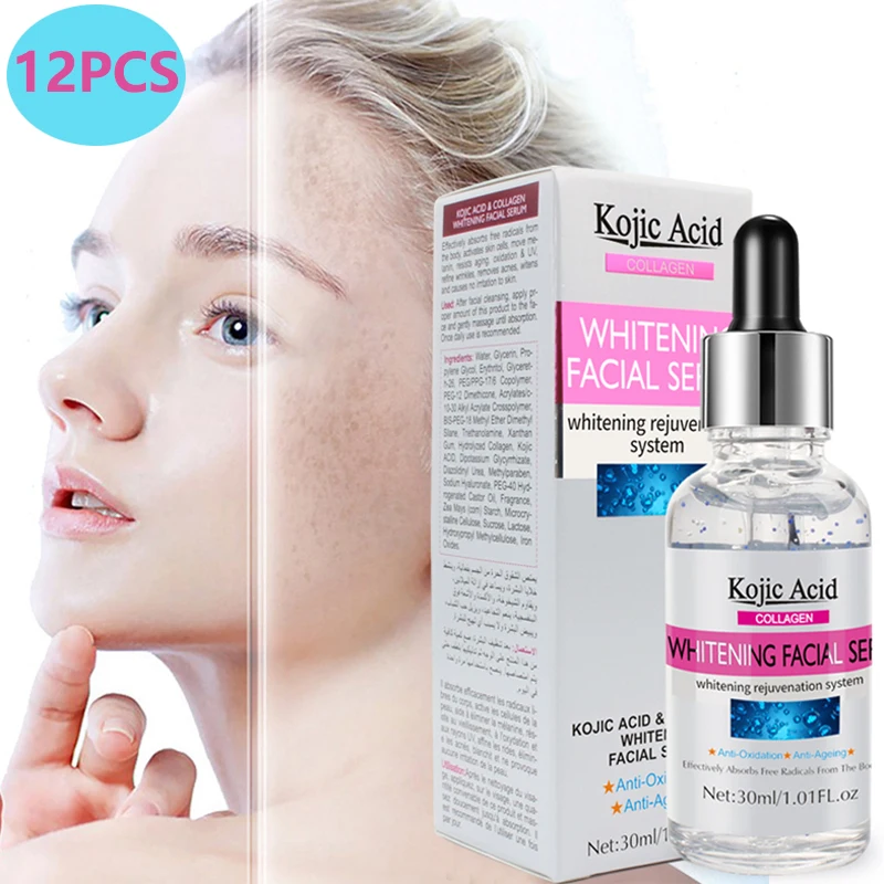 

12 шт Kojic кислота Коллаген Сыворотка для лица отбеливание и увлажнение осветление Удаление Пятна беременности Веснушка Омоложение Уход за к...