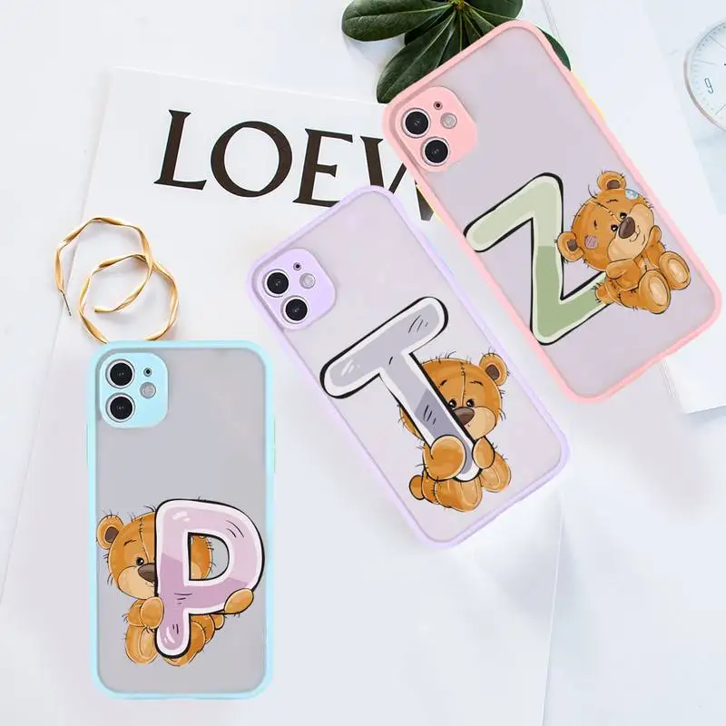 

Luxury bear letters Phone Case For iPhone 12 11 Mini Pro XR XS Max 7 8 Plus X Matte transparent Purple Back Cover